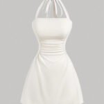 Women's A-Line Waisted Halter Dress,Summer Dresses For Women,Tea Party Dress,White Graduation Dress