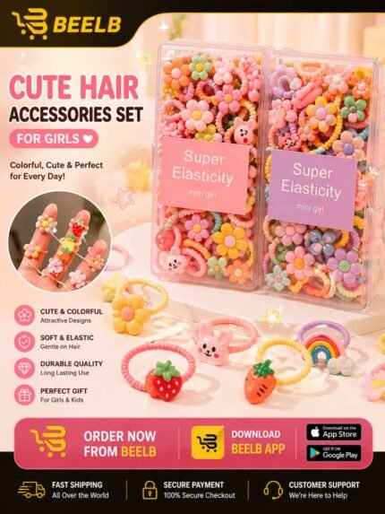 Cute Hair Accessories Set for Girls – Colorful Elastic Hair Ties & Cartoon Hair Bands Box 20 pieces